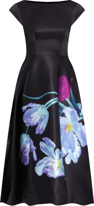 Women's Floral Print Cap Sleeve Satin Midi Dress