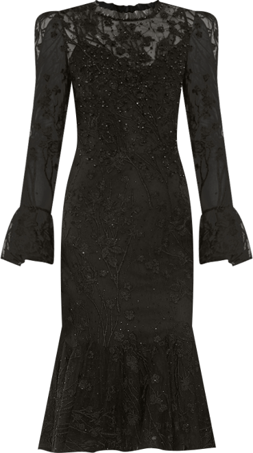 Women's Ruffle Wrist Embellished High Neck Midi Dress