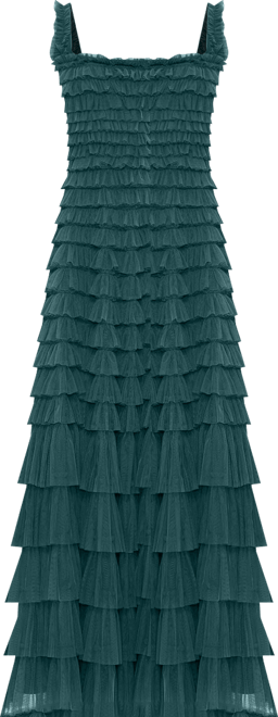 Women's Textured Mesh Gown with Allover Ruffles and Square Neckline