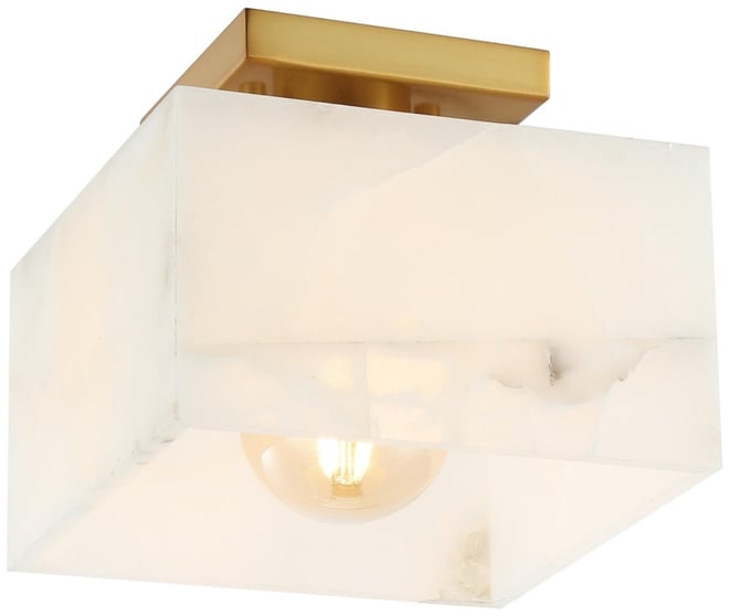 Alessia 8" 1-Light Modern Contemporary Alabaster/Iron Square Led Semi Flush Mount, White Marbling/Brass Gold