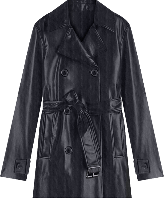 Women's Double-Breasted Faux-Leather Belted Trench Coat