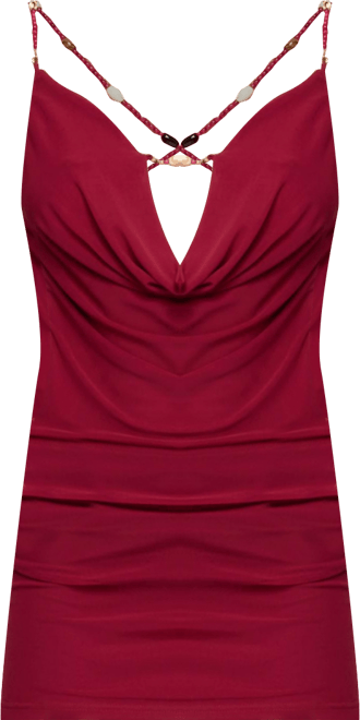 Womens Beaded Cowl Neck Backless Mini Dress