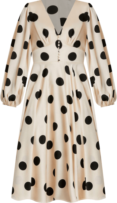 Women's Polka Dot Charmeuse Long Sleeve V Neck Midi Dress