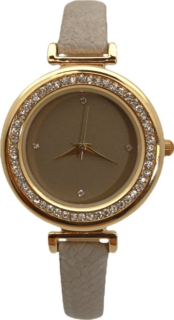 Taupe Thin Solid Color Strap and Rhinestones Women Watch