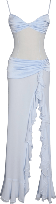 Women Lacy Blue Ruched Breast High Slit Chiffon Dress