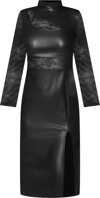 Women's Faux Leather Lace Illusion Midi Dress