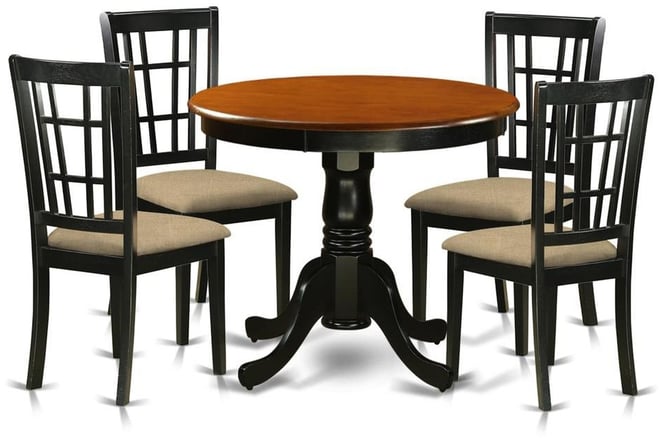 5 Pc Dining Table with 4 Linen Chairs in Black and Cherry