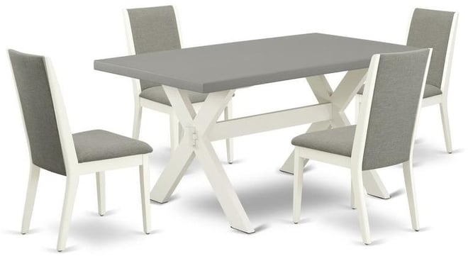 5-Piece Amazing Dining Room Table Set a Great Cement Color Wood Table Top and 4 Lovely Linen Fabric Dining Chairs with Stylish Cha