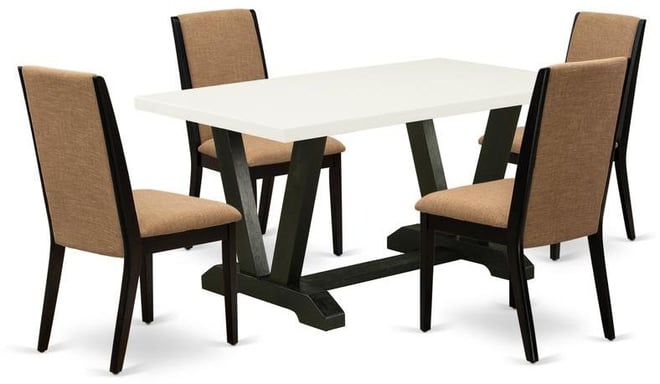 5-Piece Fashionable Dining Room Set a Good Linen White Wood Table Top and 4 Stunning Linen Fabric Kitchen Chairs with Stylish Chai