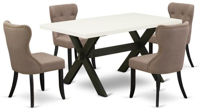 5-Pc Dining Room Table Set-Coffee Linen Fabric Seat and Button Tufted Back Parson Dining Chairs and Rectangular Top Kitchen Table