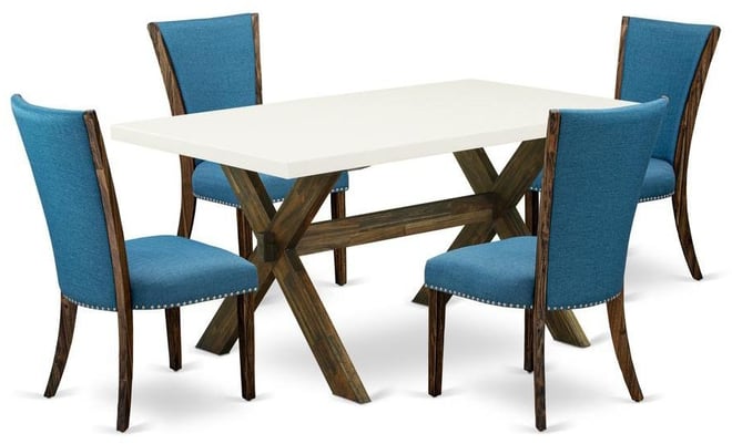 5Pc Dining Table set Includes a Dining Room Table and 4 Parsons Dining Room Chairs with Blue Color Linen Fabric, Distressed Jacobe