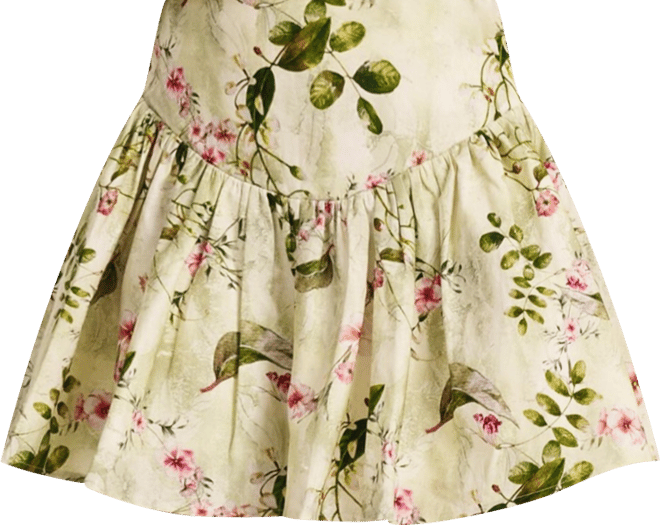 Women Zanelle Green Floral Print Drop Waist Linen Full Skirt
