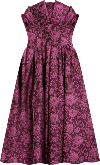 pink floral brocade strapless a line midi dress Astra Strapless Floral Satin Midi Dress - US 2 main image 1