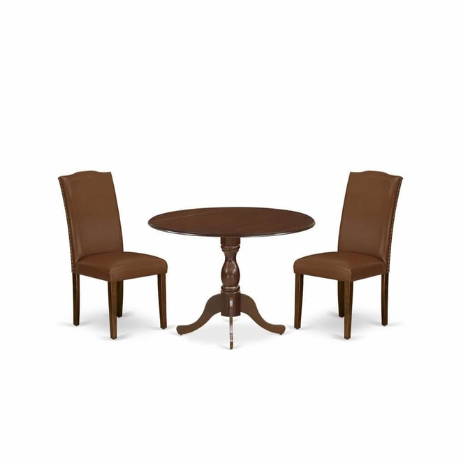 3 Piece Modern Dining Table Set Consists of 1 Drop Leaves Wooden Dining Table and 2 Brown Faux Leather Dining Chairs High Back wit