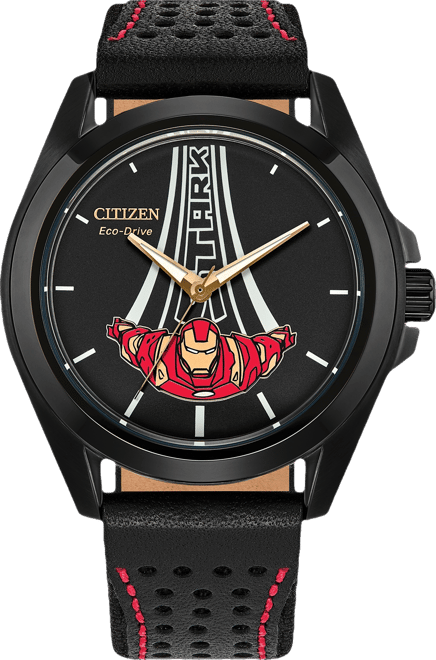 Eco-Drive Men's Marvel Tony Stark Kinda Sorta Famous Black Leather Strap Watch 43mm