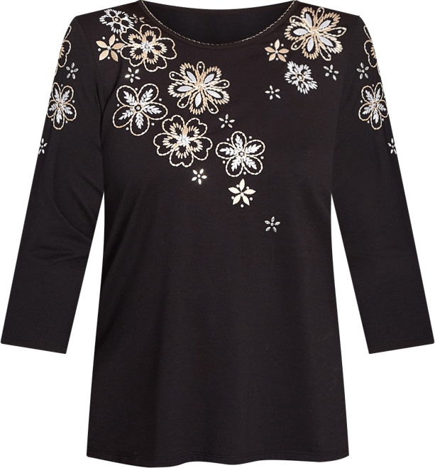 Petite Gold Floral Embroidered Three Quarter Sleeve Top