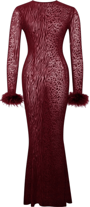 Women's Patricia Burgundy Leopard Burnout Velvet Mesh Backless Maxi Dress