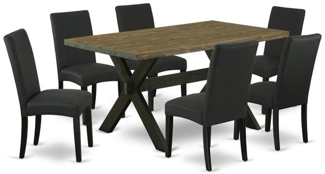 7-Pc Modern Dining Table Set- 6 Dining Padded Chairs with Black Linen Fabric Seat and Stylish Chair Back