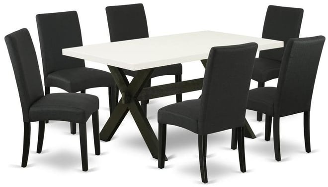 7-Piece Dining Room Table Set- 6 Dining Chair with Black Linen Fabric Seat and Stylish Chair Back