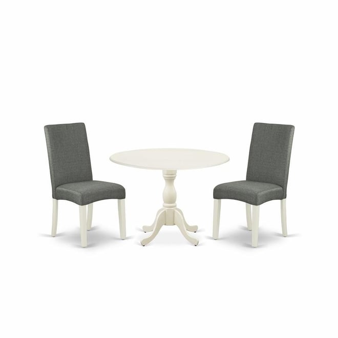 3 Piece Wood Dining Table Set Includes 1 Drop Leaves Dining Room Table and 2 Grey Linen Fabric Padded Chair with High Back