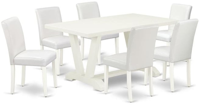 7-Piece Fashionable Kitchen Table Set a Superb Linen White Dining Room Table Top and 6 Excellent Pu Leather Padded Chairs with Sty