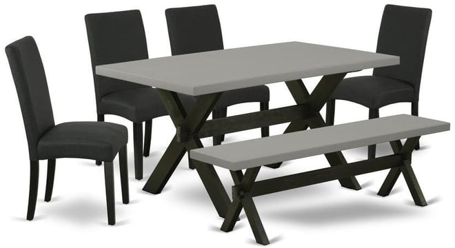 6-Pc Modern Dining Set- 4 Mid Century Dining Chairs with Black Linen Fabric Seat and Stylish Chair Back