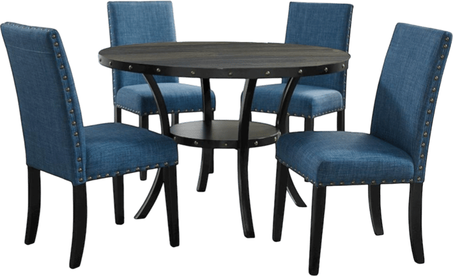 Biony Espresso Wood Dining Set with Blue Fabric Nailhead Chairs, 5-Pc