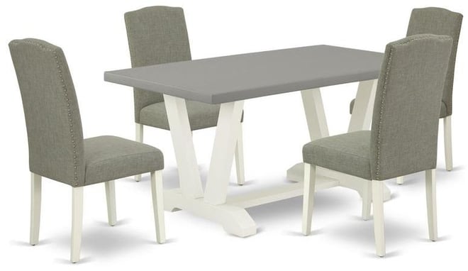 5-Piece Amazing Dinette Set an Excellent Cement Color Wood Table Top and 4 Stunning Linen Fabric Dining Chairs with Nails Head and