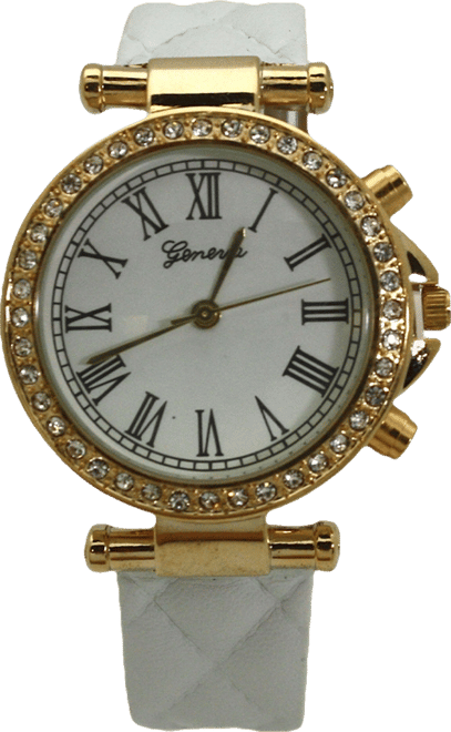 White Quilted and Gold Detail Leather Strap Watch