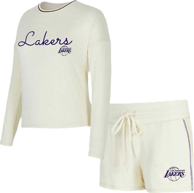 Women's 2-Piece Cream Los Angeles Lakers Kaki Hacci Knit Long Sleeve Top and Shorts Set