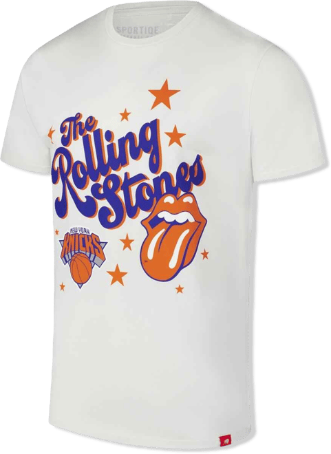 Men's and Women's White Rolling Stones x New York Knicks Bingham Collab T-Shirt