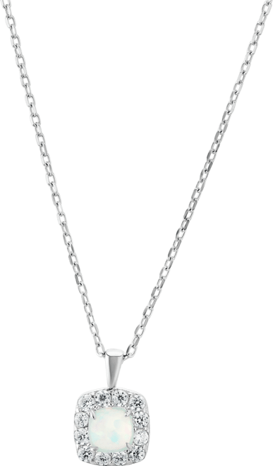 Simulated Opal & Pave Halo Square Pendant Necklace in Sterling Silver, 16" + 2" extender