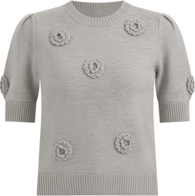 Women's Short Sleeve Sweater with Crochet Flowers