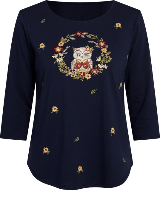 Women's Classic Owl Wreath Embroidered Crew Neck Top