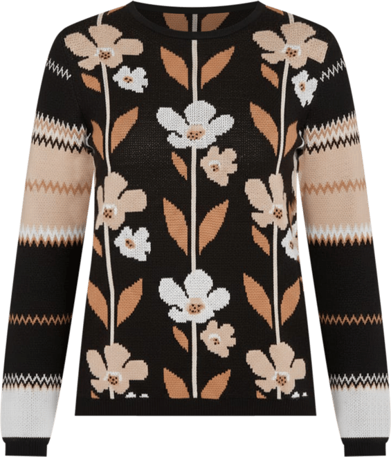 Women's Classic Vertical Flower Zig Zag Long Sleeves Sweater