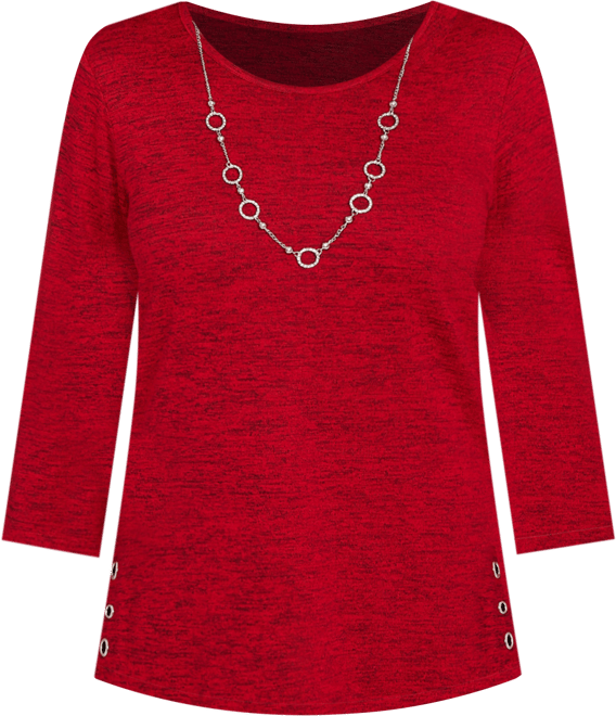 Women's Classic Melange Side Button Crew Neck Top with Necklace