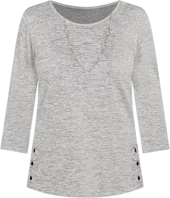Women's Classic Melange Side Button Crew Neck Top with Necklace