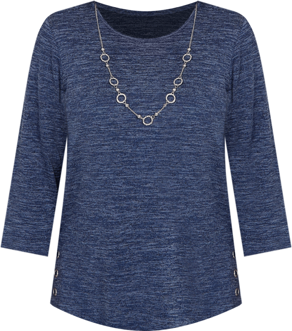 Women's Classic Melange Side Button Crew Neck Top with Necklace