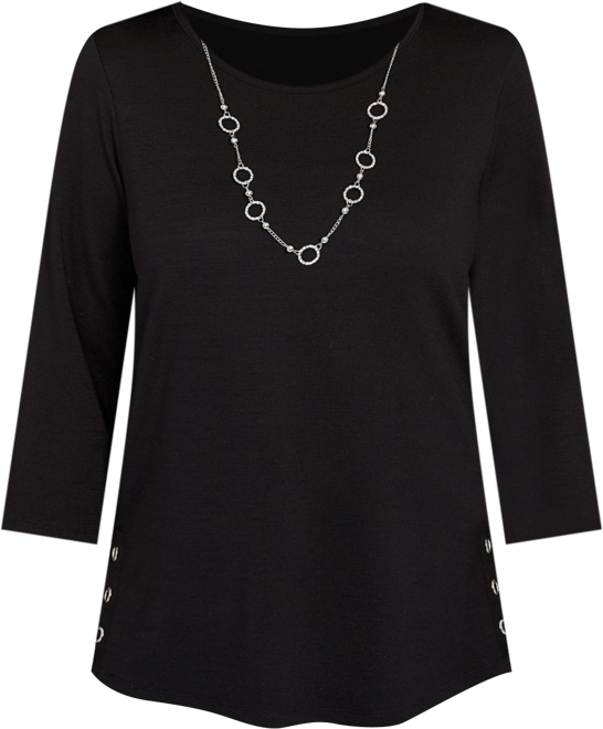 Women's Classic Melange Side Button Crew Neck Top with Necklace