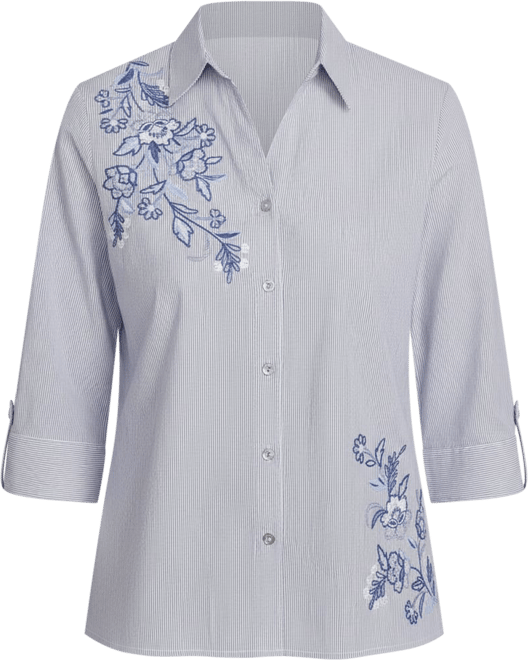 Women's Classic Diagonal Floral Metallic Stripe Button Front Top