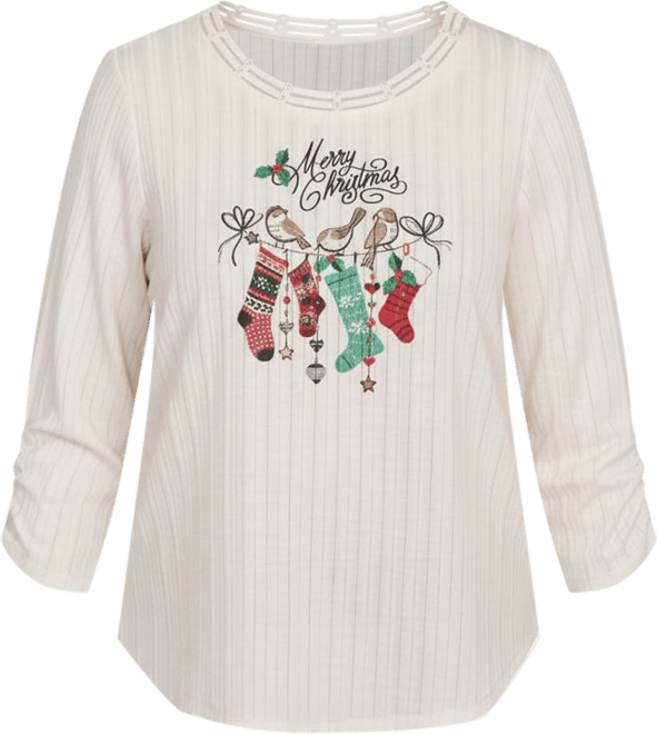Women's Classic Holiday Stockings Print Gathered Sleeve Top