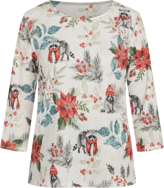 Women's Classic Holiday Raccoon Poinsettias Crew Neck Top