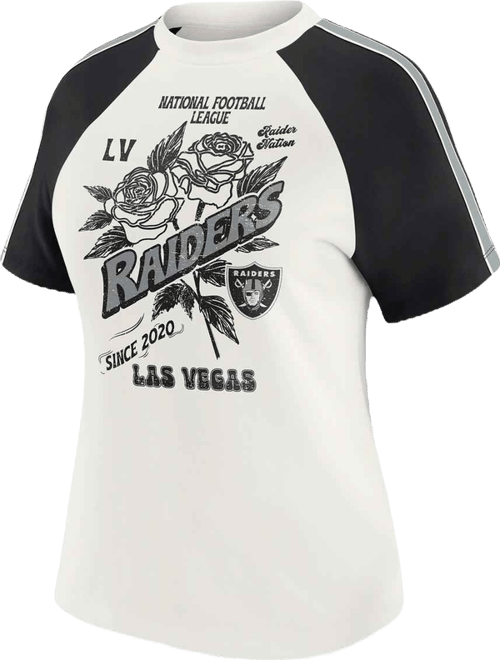 Women's White Las Vegas Raiders Sleeve Stripe Distressed Raglan T-Shirt