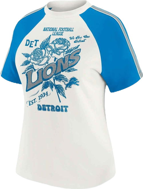 Women's White Detroit Lions Sleeve Stripe Distressed Raglan T-Shirt