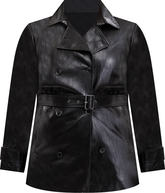 Plus Size Double-Breasted Faux-Leather Belted Trench Coat