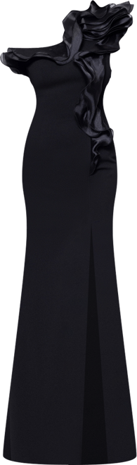 Women's Scuba Crepe Organza-Ruffle Long Dress