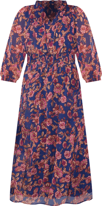 Women's Printed Tie-Neck Puff-Sleeve Maxi Dress