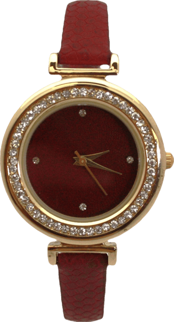 Burgundy Thin Solid Color Strap and Rhinestones Women Watch