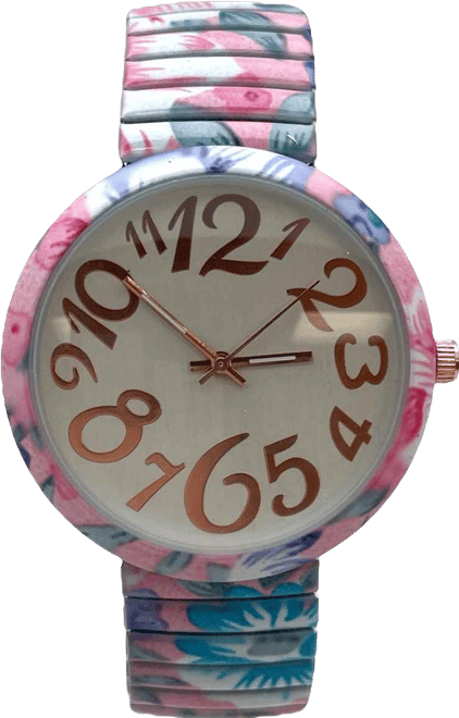 Light Blue Floral Big Dial Easy Reader Watch Floral Elastic Stretch Band Wristwatch Women Watch