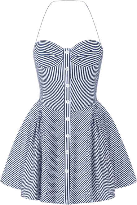 Women Melody Navy Blue Railroad Stripe Halter Drop Waist Mini Dress